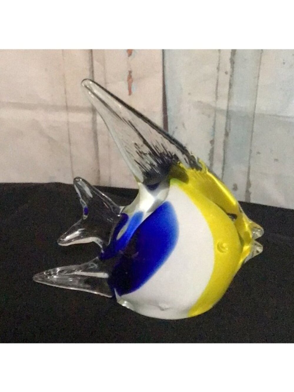 Handblown Glass Fish Figurine With Yellow Blue & White Accents - Made In China